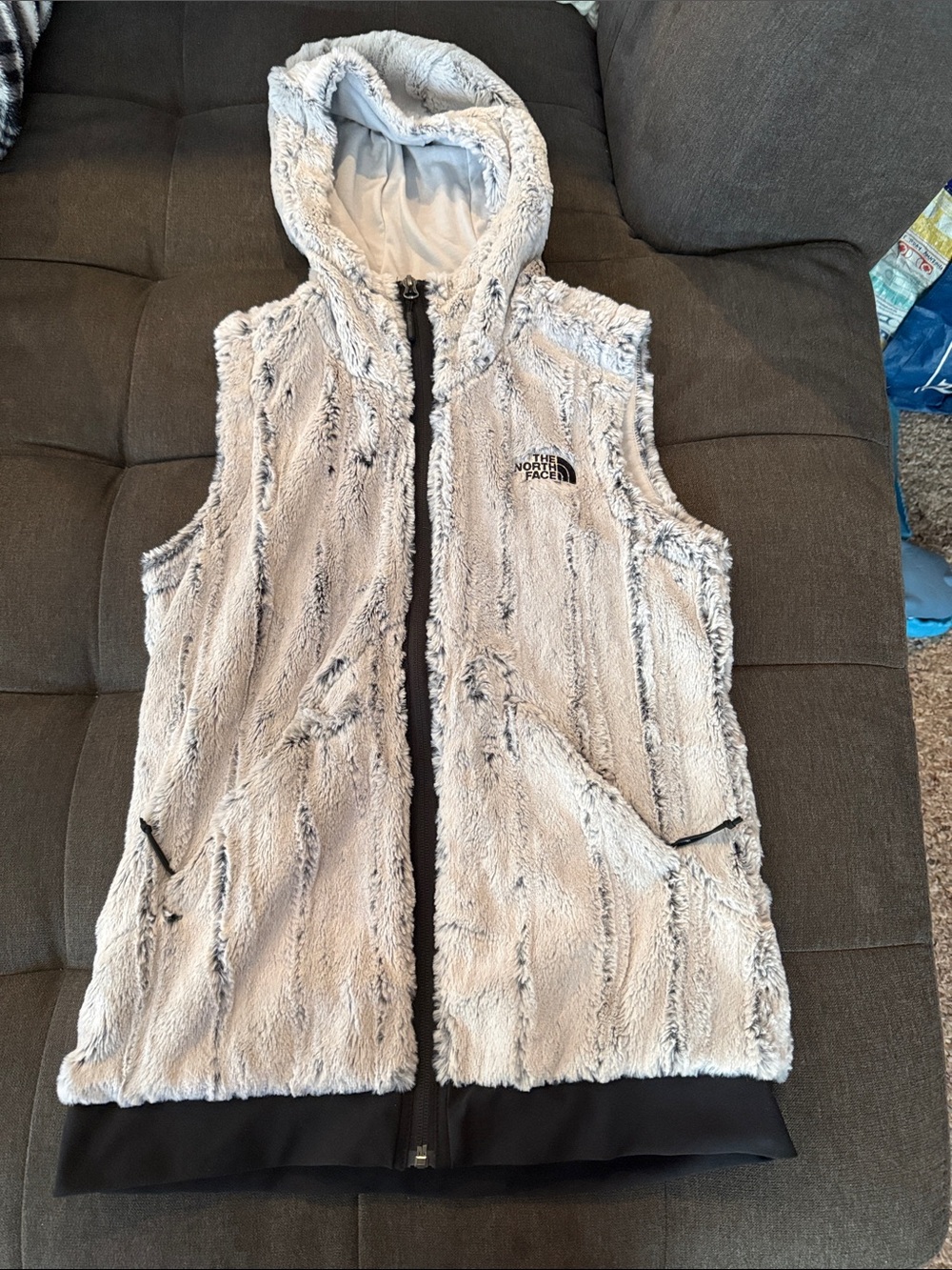 The North Face Light Gray Plush Hooded Fleece Vest